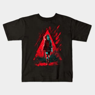 Cyberpunk Girl On Red Triangular Neon Background Kids T-Shirt